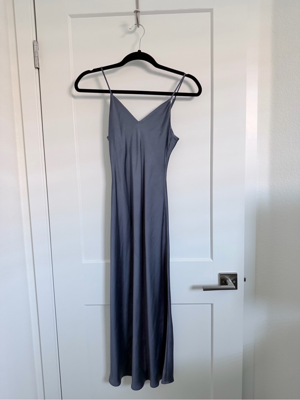 Satin Slip Maxi Dress in Slate Blue - Women's Elegant Spaghetti Strap